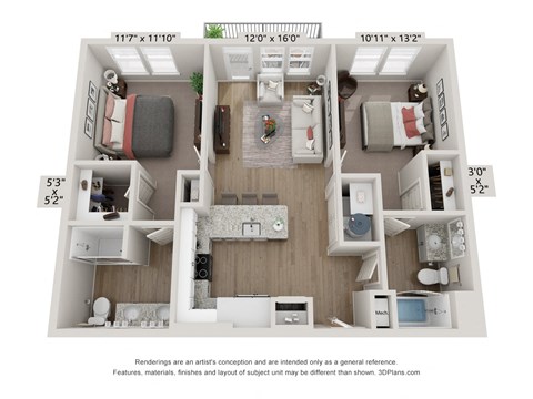 Floor plan for 2 beds, 2 baths, 945 sqft